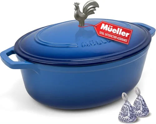 Miniatura 17 de MÜELLERHOME Horno holandés de hierro fundido esmaltado, 6 cuartos de galón, resistente, cazuela con tapa y perilla de acero inoxidable, para todas
