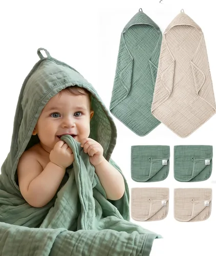 Miniatura 19 de Toallas de bebé con capucha para recién nacido, 35 x 35 pulgadas, paquete de 3 toallas de baño 100% algodón de muselina para bebé, toallas de playa