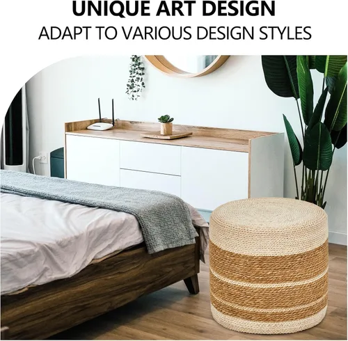 Miniatura 5 de Wimarsbon Puf Otomano de 18'', Puf Trenzado Natural, Puf de Salón Rústico Tejido a Mano, Taburete Reposapiés Boho para Dormitorio, Mesa de Acento