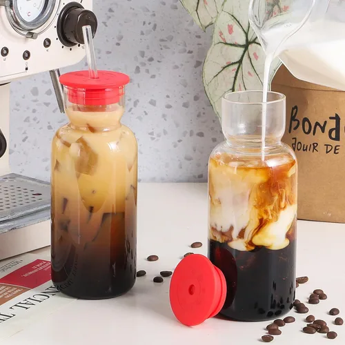 Miniatura 5 de CWHHRN Vaso de vidrio de 24 onzas con tapa y popote, vaso de vidrio, cristalería vintage para whisky, cóctel, cerveza, jugo, jarra de vidrio con 24