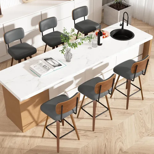 Miniatura 57 de Juego de 1 taburete de bar giratorio, taburetes de bar tapizados de 26" de altura para encimera con respaldo de nogal y patas de madera curvada