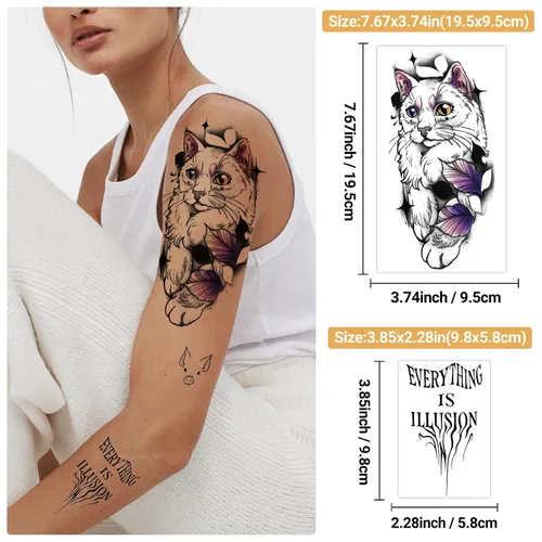 Miniatura 3 de 77 hojas de tatuajes temporales, 17 hojas de tatuajes de medio brazo de gatos, perros, conejos, leones y elefantes lindos para hombres, mujeres