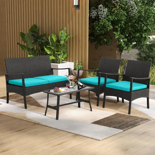 Miniatura 2 de HAPPYGRILL Juego de 4 muebles de mimbre para patio, juego de conversación de mimbre de polietileno, sofá de ratán con cojines, mesa de centro
