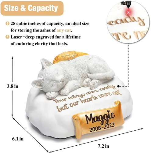 Miniatura 2 de Urna de gato personalizada, urnas para mascotas para gatos grabadas con el nombre de tu mascota, fecha y cita, urnas de gato de resina para dormir