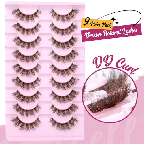 Miniatura 5 de Pestañas Marrones de Aspecto Natural Pestañas Postizas de Visón Sintético 6D Esponjosas y Voluminosas con Curvatura DD Paquete de 9 Pares