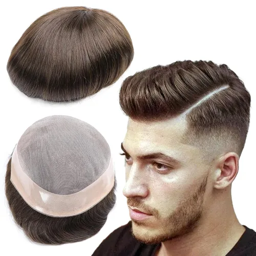 Miniatura 12 de Toupee - Sistema de reemplazo de cabello para hombres, cabello humano real, 5 x 7 pulgadas, base de encaje mono, extensión duradera para hombre