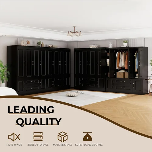 Miniatura 5 de Armario de madera, armario de almacenamiento grande, diseño de 4 puertas, armario con 2 cajones y 2 varillas para colgar, adecuado para dormitorio