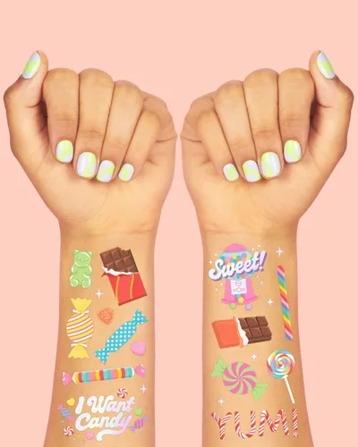 Miniatura 3 de xo, Fetti Tatuajes temporales para fiesta de caramelos, 72 estilos iridiscentes, decoraciones de cumpleaños, recuerdos de fiesta, accesorios de mesa