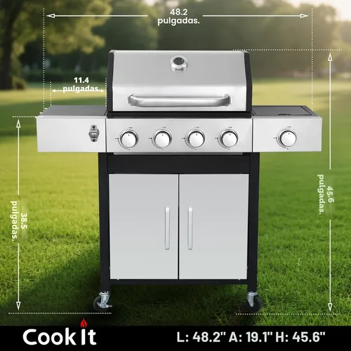 Miniatura 2 de Parrilla de gas propano de salida de 39000 BTU con quemador lateral y 3 quemadores principales, tapa de acero inoxidable de doble capa, rejillas