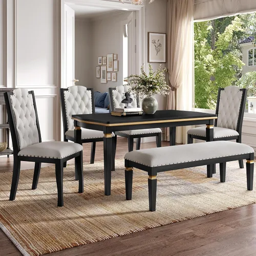 Merax Juego de mesa de comedor de cocina de 6 piezas, mesa rectangular de 60 pulgadas con 4 sillas tapizadas con respaldo alto y 1 banco, patas de