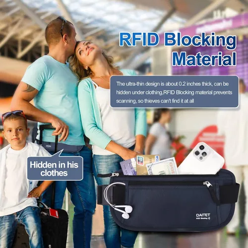 Miniatura 116 de DAITET Cinturón de dinero, soporte para pasaporte, cartera de viaje oculta segura con bloqueo RFID, riñonera encubierta (negro), Negro, Rfid