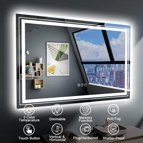 Miniatura 7 de Snowdool Espejo LED de baño, 32 x 32 pulgadas con luz frontal y retroiluminada, antivaho, espejo de tocador de baño para pared, función de memoria
