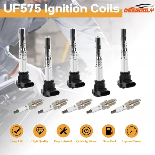 Miniatura 2 de Paquete de 5 bobinas de encendido UF575 y bujías de iridio compatibles con Audi A3 2004-2013, A4 2005-2016 y Volkswagen Jetta 2005-2015, Tiguan