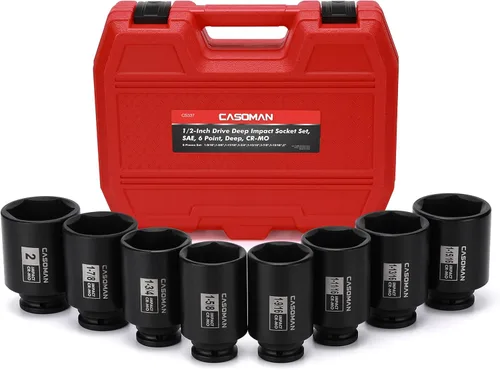 CASOMAN 8 piezas 1/2" Dr. Juego de enchufes de impacto profundo-SAE, de 1-9/16" a 2", 6 puntos, Juego de enchufes de impacto de eje de eje de