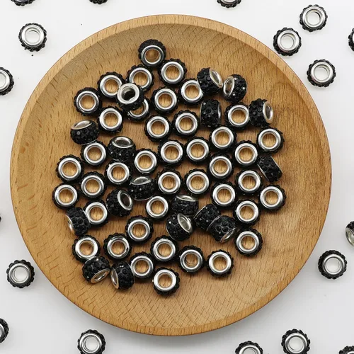 Miniatura 4 de Decoendiy 100 cuentas europeas de diamantes de imitación, cuentas espaciadoras de diamantes de imitación de agujero grande, cuentas planas redondas