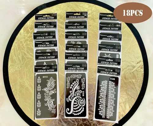 Miniatura 3 de Plantillas de tatuaje de henna de 18 hojas para manos, plantillas temporales de tatuaje con purpurina, kit de calcomanías de tatuaje de henna india
