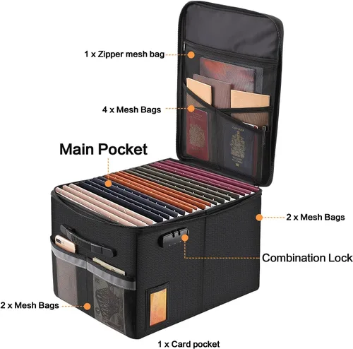 Miniatura 3 de TOMKID Archivador ignífugo con cerradura, organizador de documentos ignífugo, caja de archivos plegable, archivador con asa para certificaciones