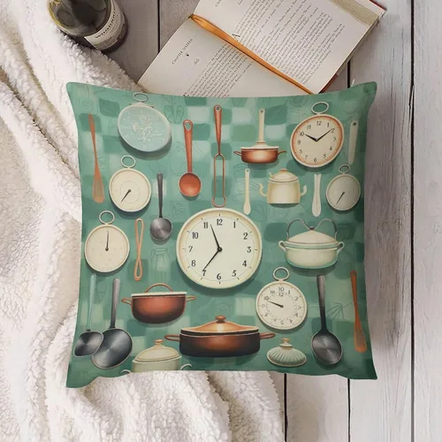 Miniatura 4 de Pots and Pans, Kitchen Clock and Cooking Art Velvet Square Decorative Throw Pillow Covers 12 "x12 Throw Pillow Covers for Outdoor Home Decor
