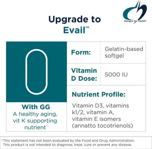 Miniatura 3 de Designs for Health ADK Evail - 5,000 UI de vitamina D3 con vitaminas A, E (Gamma Delta Tocotrienoles de Annatto), K (K1 + K2) - Complejo de vitamina