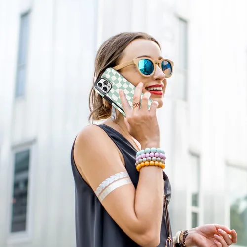 Miniatura 7 de Funda para iPhone 12/12 Pro de 6.1 pulgadas, cartera de cuero con tapa y tapa de cuero verde a la moda, diseño de tablero de ajedrez con ranuras