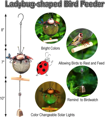 Miniatura 5 de Comedero solar para pájaros, a prueba de ardillas, para exteriores, con forma de animal lindo (forma de mariquita)