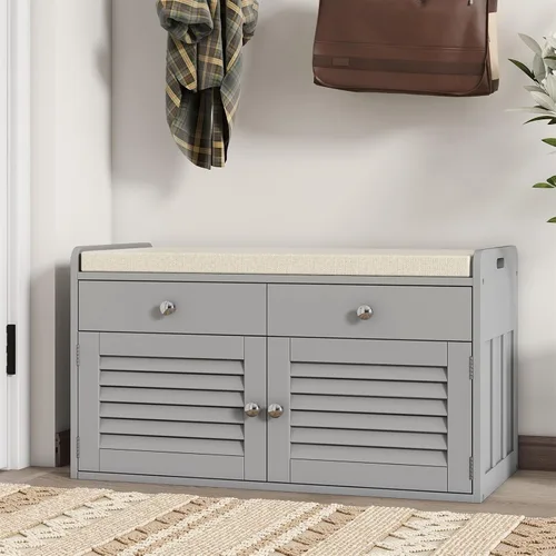 Miniatura 10 de WARMHONIU Banco de Almacenamiento para Zapatos con Tapa Levantable, Banco de Entrada con Asiento Acolchado, Estante Ajustable, Zapatero de 2 Niveles