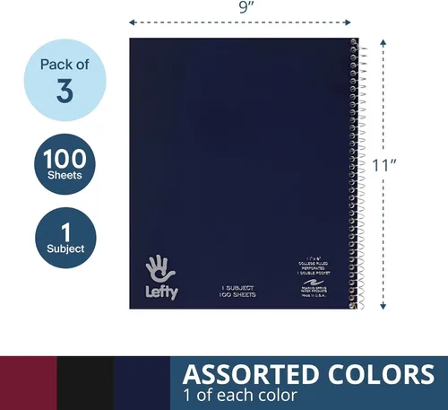 Miniatura 3 de ROARING SPRING Cuaderno de espiral zurdo, cuaderno de un tema para zurdos, paquete de 3, 11 x 9 pulgadas, 100 hojas, a rayas universitarias