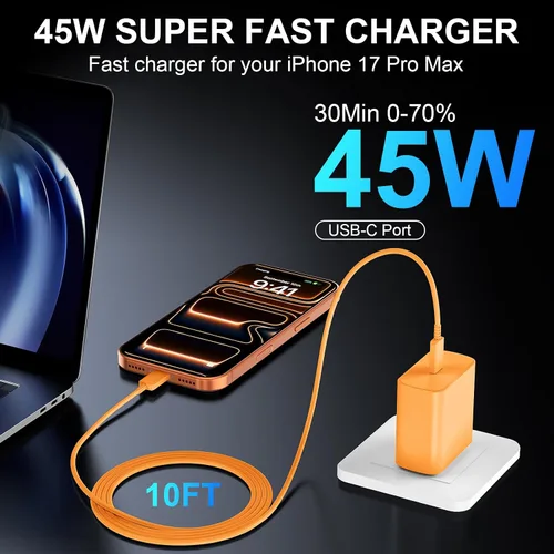 Miniatura 4 de Cargador para iPhone 17 16 Pro Max de carga rápida, 45 W USB C iPhone 17 16 bloque de carga súper rápido con cable de carga tipo C de 10 pies