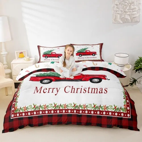 Miniatura 22 de Juego de funda de edredón para niños con diseño de Navidad, tamaño individual, camiones rojos y árboles de pino con copos de nieve, decoración