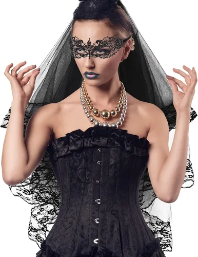 Miniatura 6 de Velo de encaje negro de Halloween, velo de boda con peine guantes de encaje negro y máscara de ojos para mujer, regalo de Halloween, juego