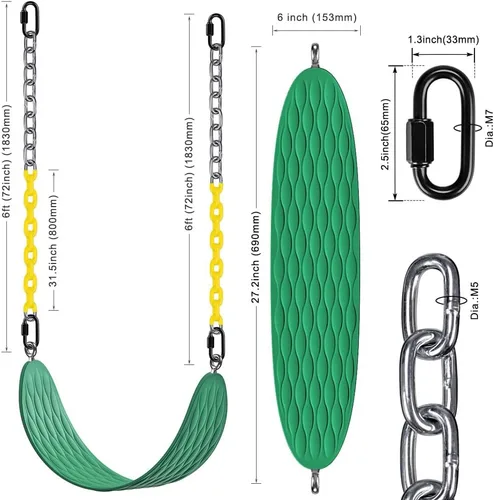 Miniatura 4 de Dolibest Asiento de columpio resistente con cadena y mosquetones de 66 pulgadas, cómodo y duradero, juego de columpios con revestimiento de Verde-1