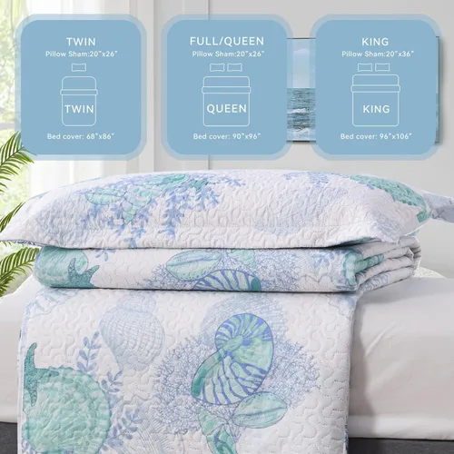 Miniatura 6 de Hailea Edredón oceánico tamaño matrimonial/queen, ropa de cama costera ligera para verano, playa, colcha náutica, conchas de mar azul, sábana con 2
