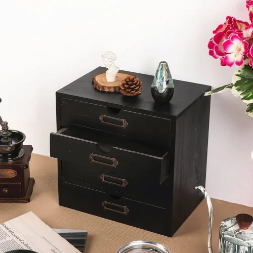 Miniatura 4 de Caja de Almacenamiento de Madera Organizador de Escritorio Rústico con 4 Cajones Accesorios de Escritorio de Oficina Estante Pequeños Contenedores