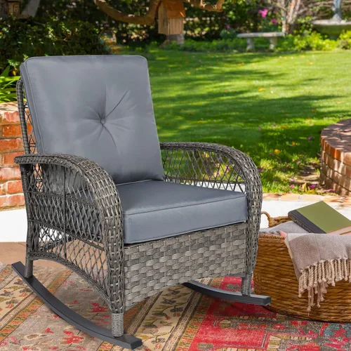 Miniatura 14 de MEETWARM Mecedora de mimbre para exteriores, sillas mecedoras de ratán para patio con cojines y respaldo alto, silla de mimbre para patio para todo