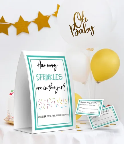 Miniatura 4 de Adivina cuántas chispas hay en el frasco, juegos de baby shower, decoraciones de baby shower, un letrero y 50 tarjetas (MANY023)