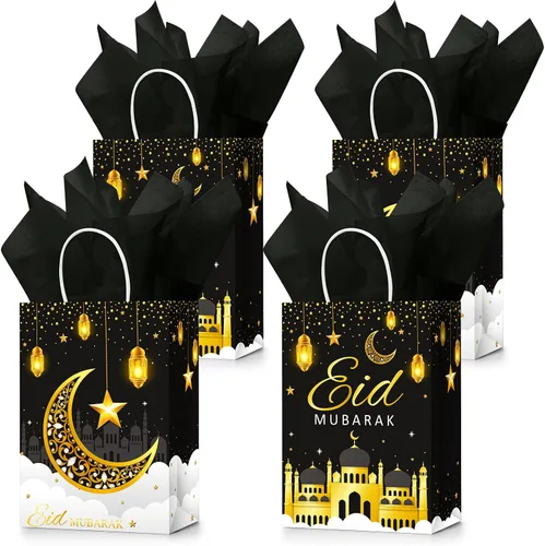 Censen 16 juegos de bolsas de regalo de Eid Mubarak con papel de seda, bolsas de golosinas de Ramadán para suministros de fiesta de Ramadán (negro)