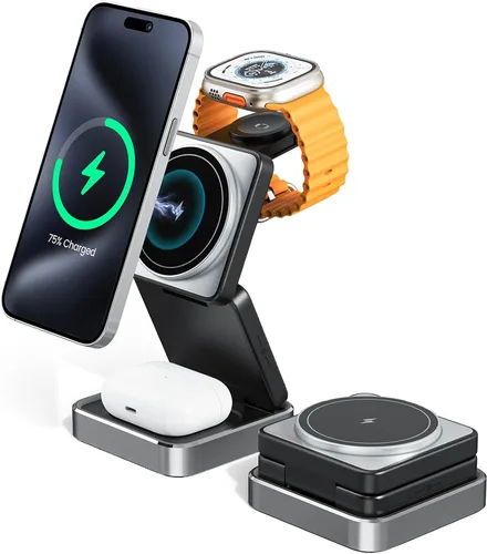 Cargador inalámbrico 3 en 1 para iPhone, estación de carga inalámbrica rápida de 15 W compatible con cargador Mag-Safe, cargador de viaje plegable