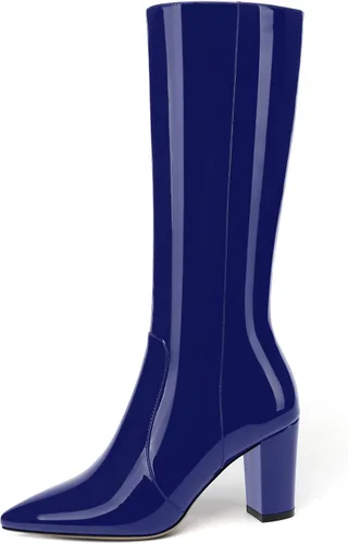 Miniatura 170 de AMBELIGHT Botas altas hasta la rodilla con cremallera y puntera puntiaguda para mujer, de patente sólida, tacón alto, 3.3 pulgadas