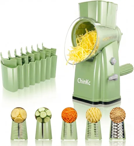 Rallador rotativo de queso mejorado con asa, base de succión fuerte, rebanador giratorio multiusos con 5 cuchillas intercambiables para hielo, Verde