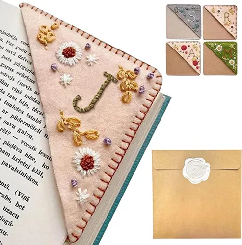 Miniatura 19 de Marcapáginas de esquina bordado a mano personalizado, 26 letras con costura a mano de fieltro, marcapáginas de esquina con bordado de flores lindo