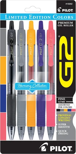 Bolígrafos Pilot G2 Harmony Ink Collection Edición Limitada de tinta de gel retráctil, 0.7mm, punta fina, tinta surtida, paquete de 5 unidades