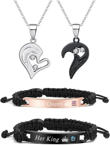 HUASAI Juego de 4 collares de corazón para mujeres, parejas, collares, pulseras a juego para parejas, regalos de joyería, colgante, collar a juego,