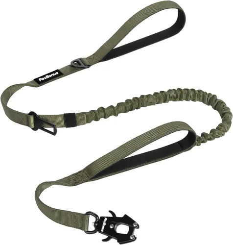 PetBonus Correa táctica resistente para perro, correa elástica de absorción de impactos de 5 pies con 2 asas acolchadas, clip de metal de liberación