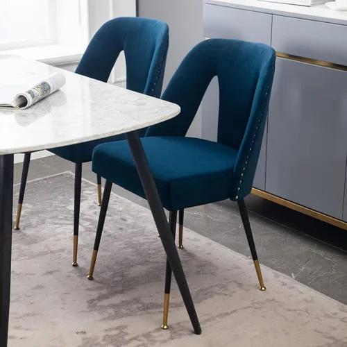 Miniatura 2 de Aoowow Juego de 2 sillas de comedor modernas, sillas laterales tapizadas de terciopelo con cabezas de clavos y patas de metal negro con punta Azul