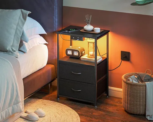 Miniatura 7 de Casaottima Mesita de noche con estación de carga y luces LED, mesa auxiliar para dormitorio con 2 cajones de tela, pequeña mesita de noche con Negro