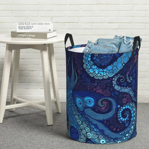 Miniatura 8 de Cesta circular con estampado de pulpo azul, impermeable, cesta organizadora de lavandería, con asas, para ropa, juguetes, pequeña