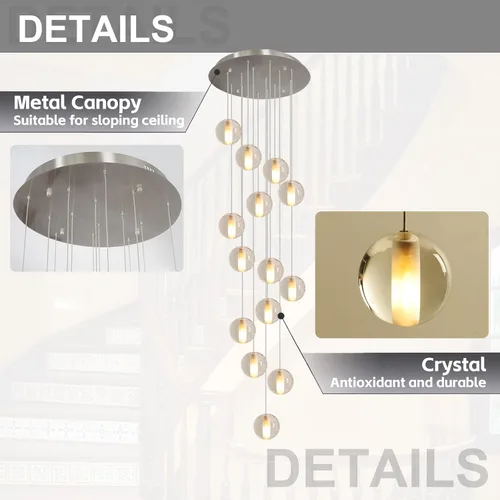 Miniatura 6 de Lámpara de escalera de 14 luces para techo alto, lámpara colgante de gota de lluvia de cristal moderno ajustable larga y grande para escaleras, sala