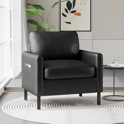 Miniatura 10 de STHOUYN Juego de 2 sillas decorativas de piel sintética negra con brazos, moderna silla de oficina pequeña, sillas de sala de espera para sala