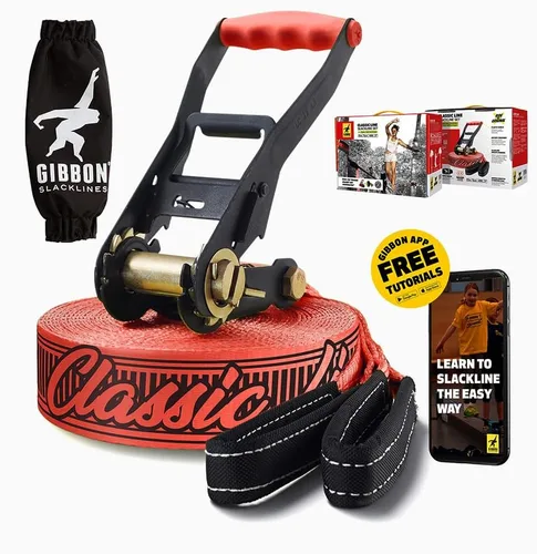 Miniatura 7 de GIBBON Slacklines Classicline XL con ropa para árboles, rojo, 82 pies (línea de 74 pies + correa de trinquete de 8 pies con lazo reforzado) incl.