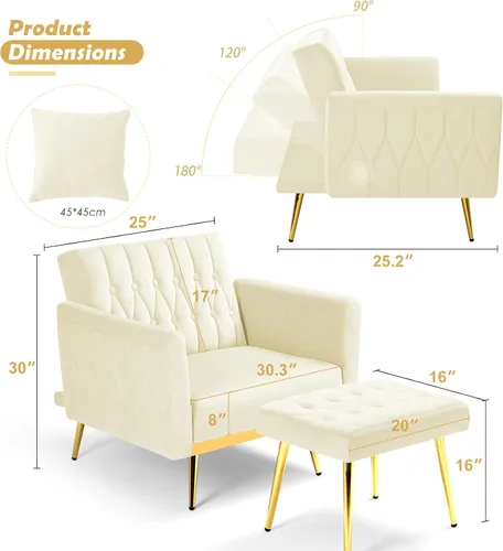 Miniatura 3 de Silla decorativa de terciopelo con respaldo y reposabrazos ajustables, sillón reclinable individual con otomana y patas mentales doradas para sala